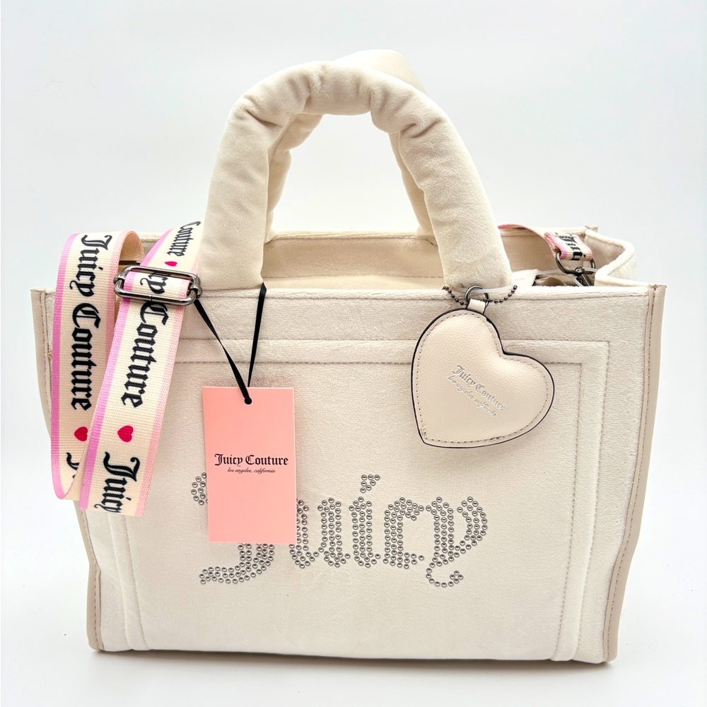 JUICY COUTURE Velour White Angel Extra Spender‎ Tote with Heart Keychain NWT